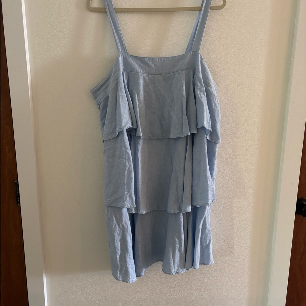 Light Blue Linen Layered Ruffle Dress with button detail